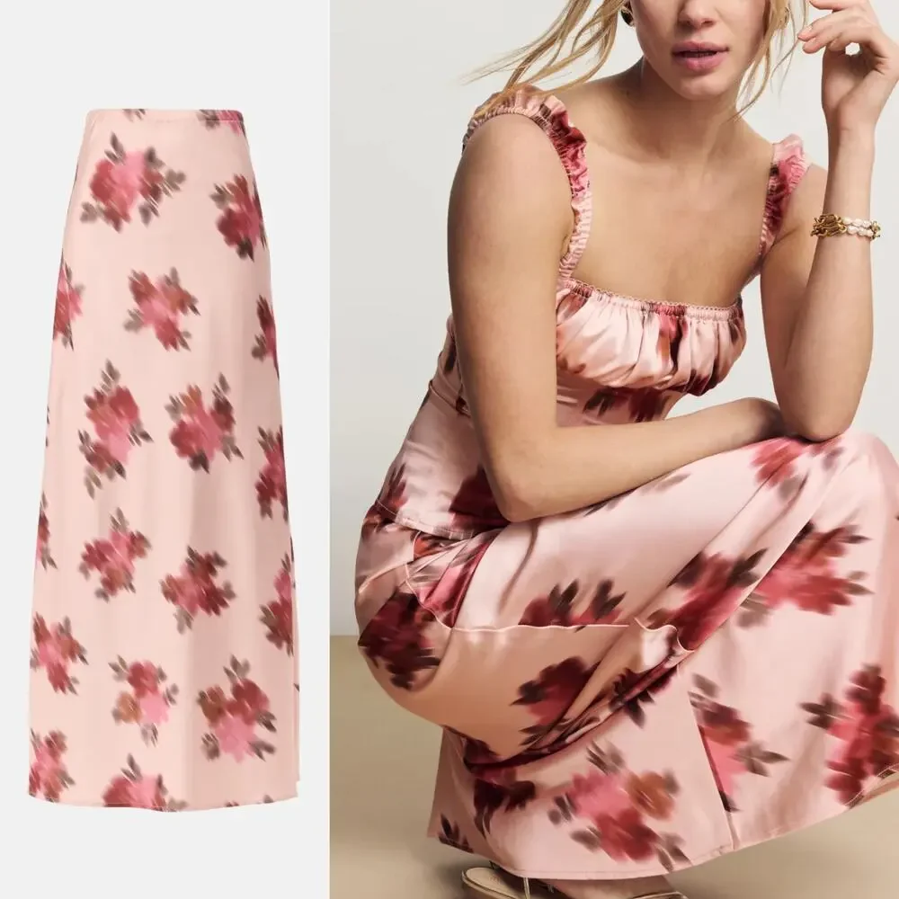 WeWoreWhat Slip Skirt Floral Print Relaxed Fit Pull On Maxi A-Line Blush Pink 6